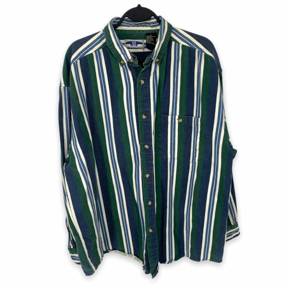 Vintage Other - Vintage 90s 44 Blue Long Sleeve Vertical Stripe Button Up Shirt Mens XL Green